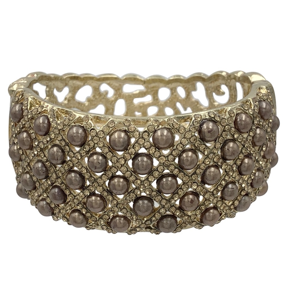 Brown Pearl Gold Rhinestone Lines Chunky Statement Hinged Bangle Bracelet